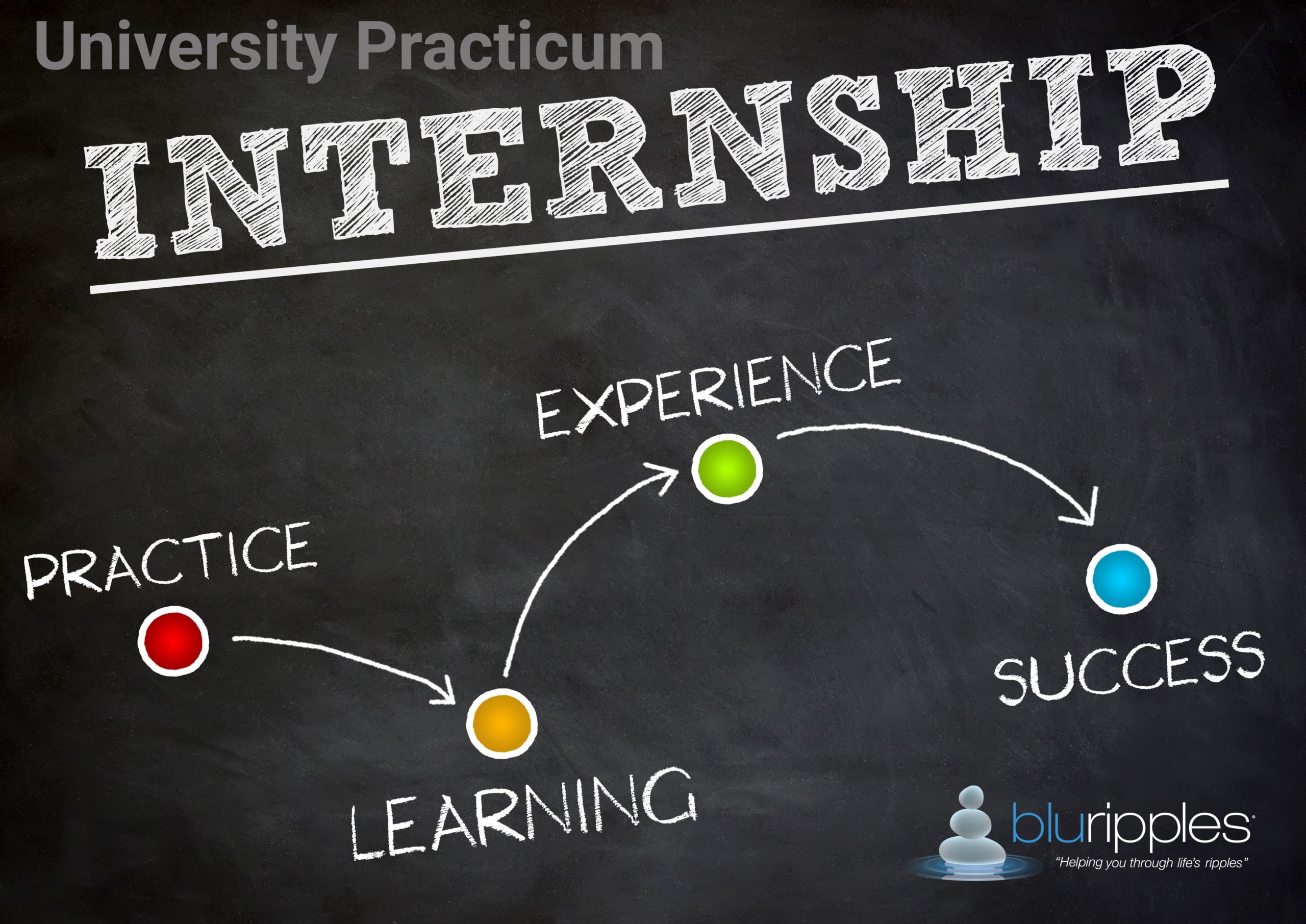 Blu Ripples Career Counselling - Career graphic showing a chalkboard roadmap from Practice and Learning to Experience and Success.