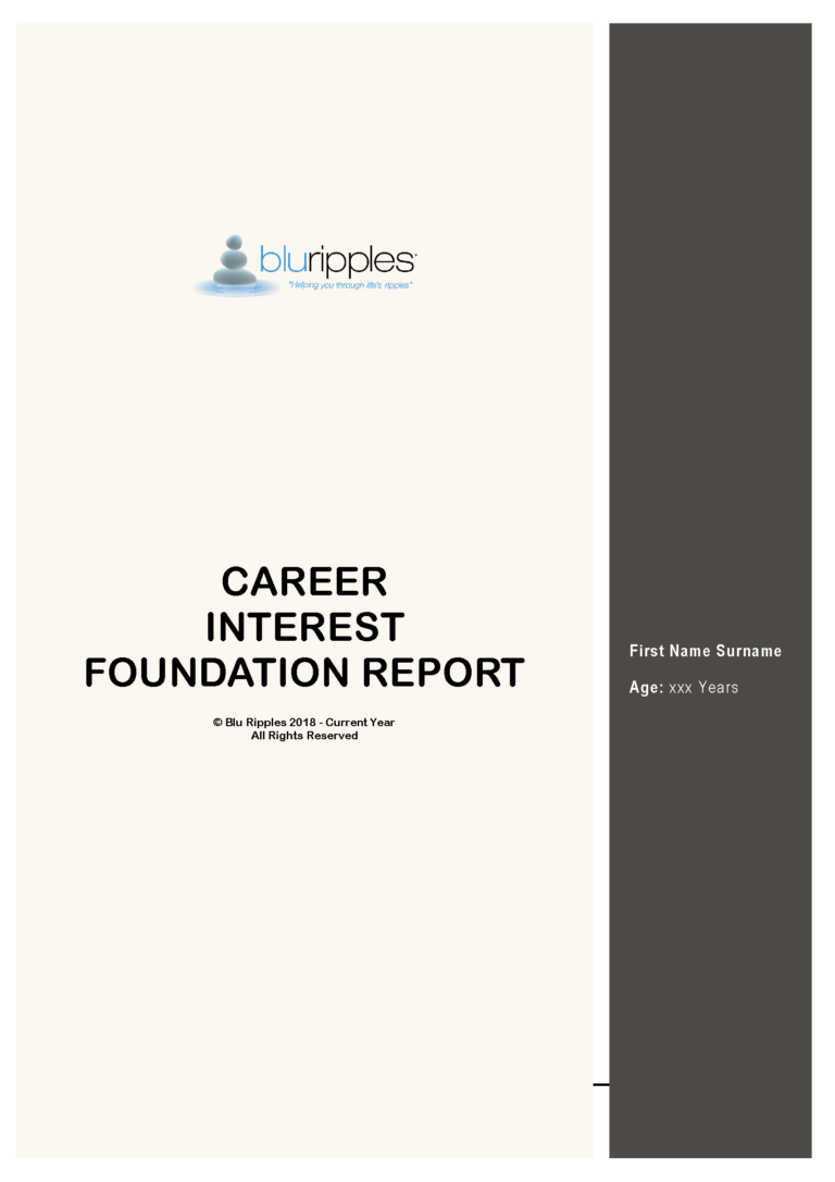 Blu Ripples Career Interest Foundation Report front cover page featuring the company logo and copyright notice.