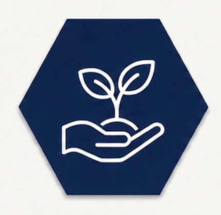 Navy blue hexagon icon displaying a white line drawing of a hand holding a growing plant sprout, symbolising personal and career counselling, consulting, and growth at Blu Ripples.
