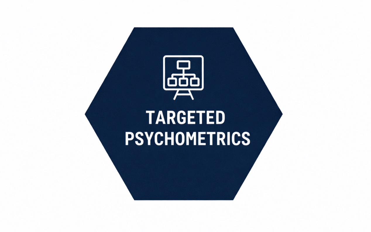 A deep navy hexagon featuring a white hierarchy chart icon and the text 'TARGETED PSYCHOMETRICS', representing the premium assessment enhancement for the Blu Ripples Key Transferable Skills Report.