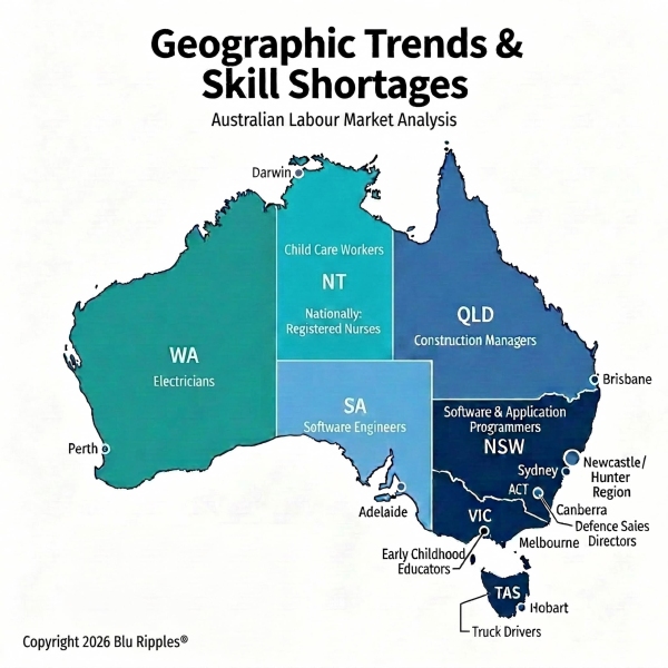 An infographic map of Australia titled Australian Geographic Trends & Skills Shortages. It highlights the national skills shortage alongside targeted regional data points, explicitly focusing on the Newcastle and Hunter Region as part of the Blu Ripples labour market analysis. Copyright 2026 Blu Ripples®.