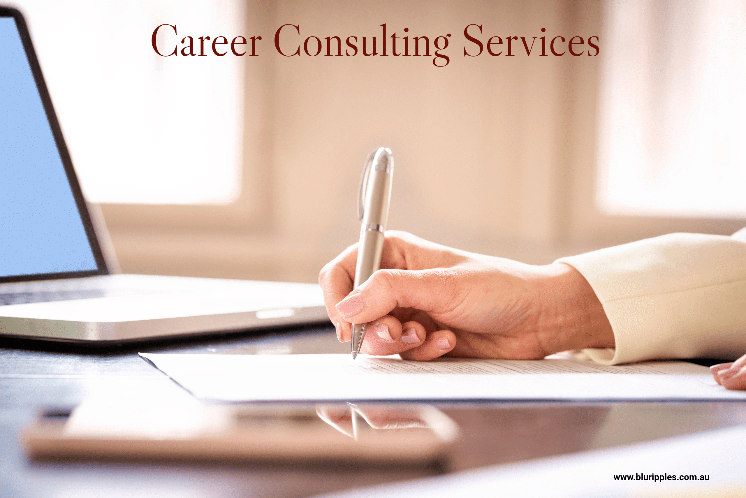 Professional employment writing services: Job search, career, and academic documentation written by a specialist at a desk beside a laptop (Representative image for Blu Ripples Career Consulting Services)